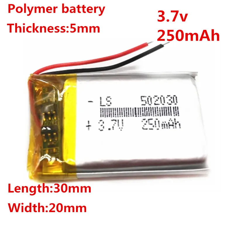 Rechargeable lithium polymer battery 052030 502030 3.7V 250mah MP3 MP4 toy polymer lithium battery For GPS MID Bluetooth Headset
Rechargeable lithium polymer battery 052030 502030 3.7V 250mah MP3 MP4 toy polymer lithium battery For GPS MID Bluetooth Headset