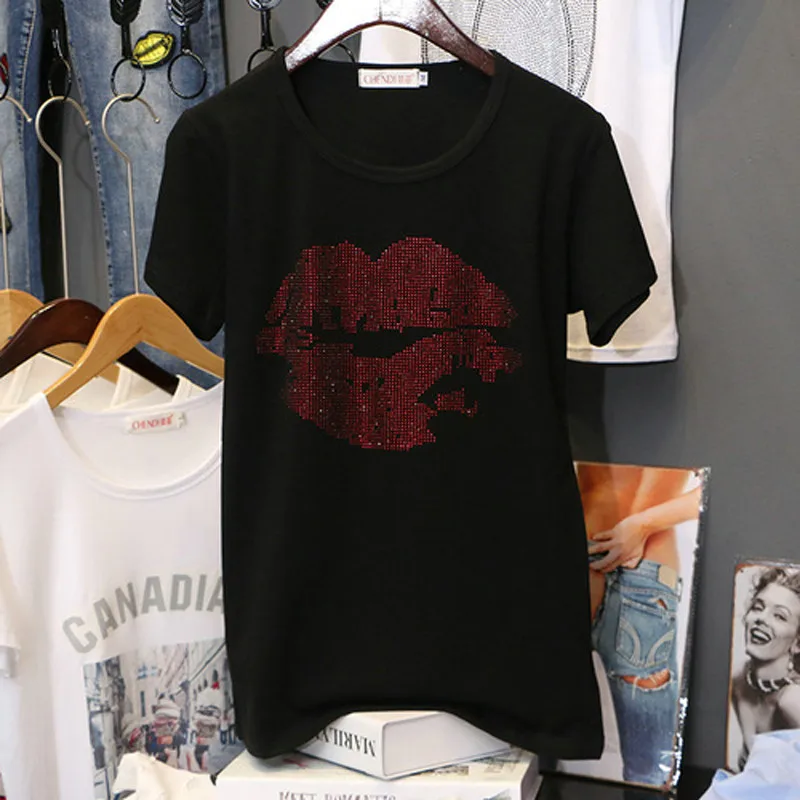 Women Hot Lips Diamond Print T Shirt Cotton Ladies Black Shirt 2019 Street Fashion Hot Drill Rhinestone Top Tees T-shirt
Women Hot Lips Diamond Print T Shirt Cotton Ladies Black Shirt 2019 Street Fashion Hot Drill Rhinestone Top Tees T-shirt