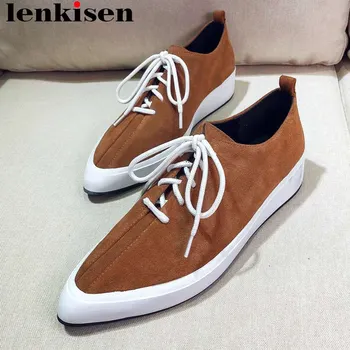 Lenkisen comfortable sheep leather lace up loafers pointed toe med bottom platform young girls dating party vulcanized shoes L19 
Lenkisen comfortable sheep leather lace up loafers pointed toe med bottom platform young girls dating party vulcanized shoes L19