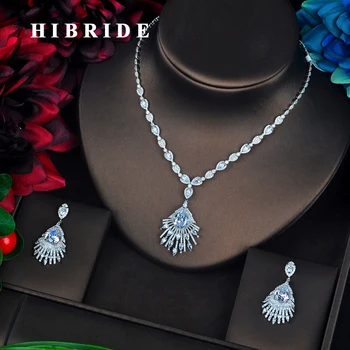 

HIBRIDE Fashion Big Water Drop Pendients Bridal Jewelry Set For Women Colorful Cubi Zirconia Necklace Brincos Bijoux N-652