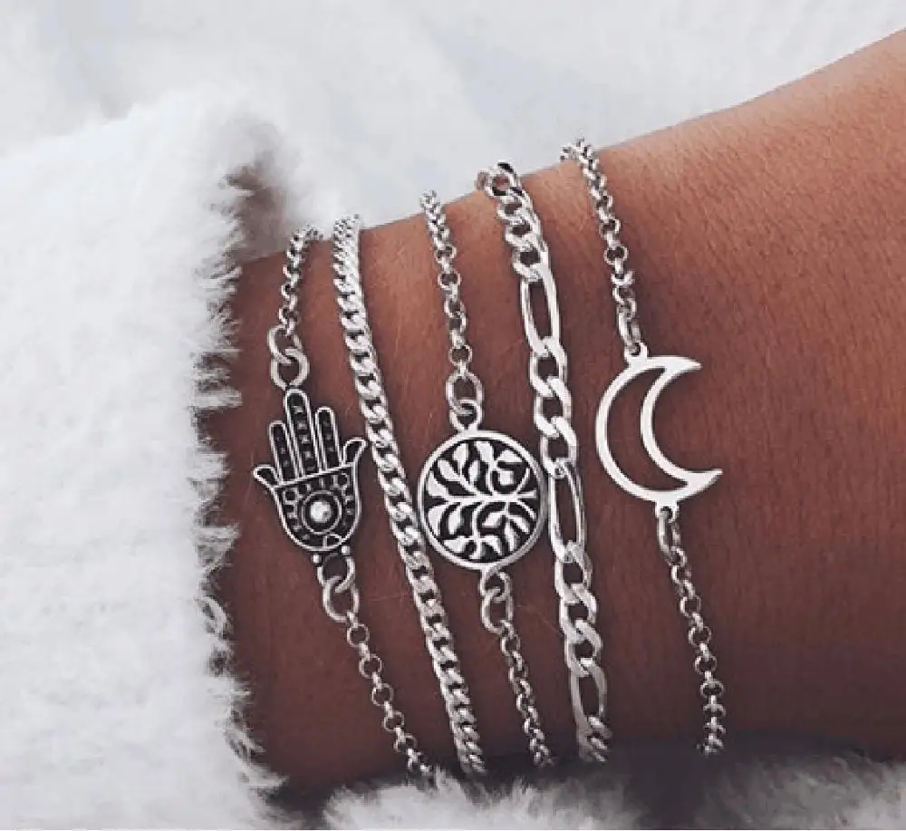 5Pcs/set Boho Tree of life Moon Palm chain Multi-layer Bangle Bracelets Set fashion Beach layered bangle Bracelet for women
5Pcs/set Boho Tree of life Moon Palm chain Multi-layer Bangle Bracelets Set fashion Beach layered bangle Bracelet for women