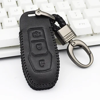 Leather Car Key Case Cover for Ford Mustang 2015 Mondeo 2.0T Fusion EDGE 2013-2015 For Ford Kuga Car Keychain Car Accessories