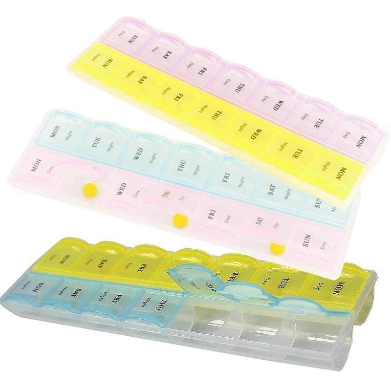

Weekly 7 Days Tablet Pill Medicine Box Holder Storage Organizer Container Case 14 Slots Pill Box Drop Shipping (Random Color )