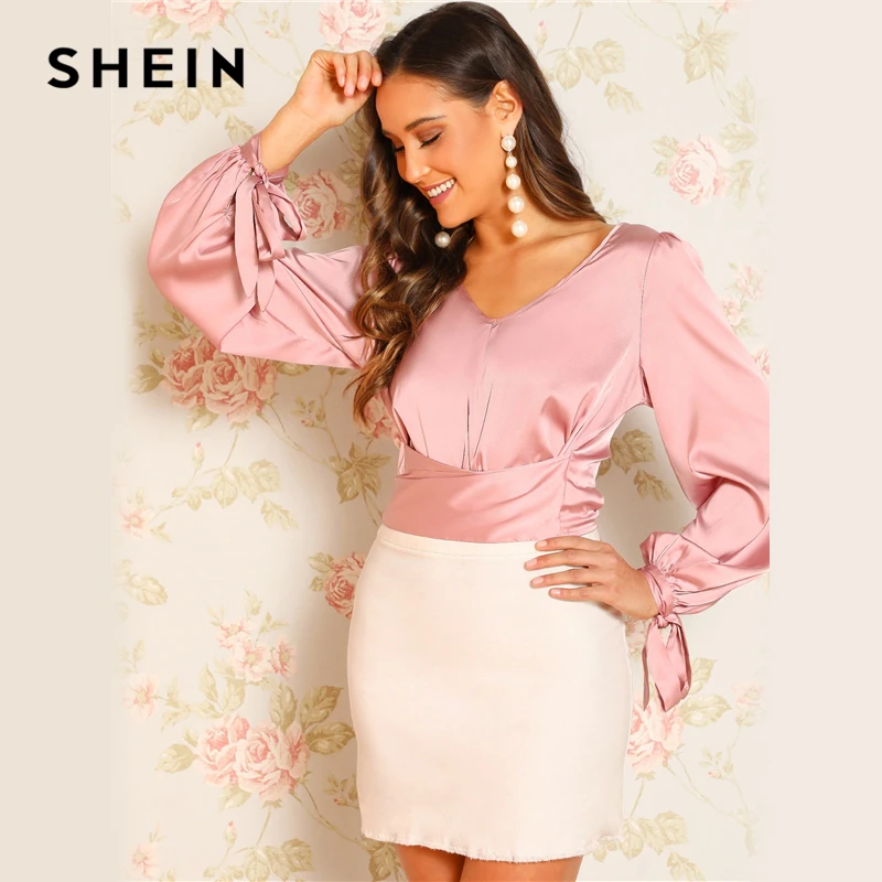 

SHEIN Pink V-neck Knotted Satin Glamorous Top Crop Belted Blouse Women Summer Bishop Sleeve 2019 Party Tops and Blouses