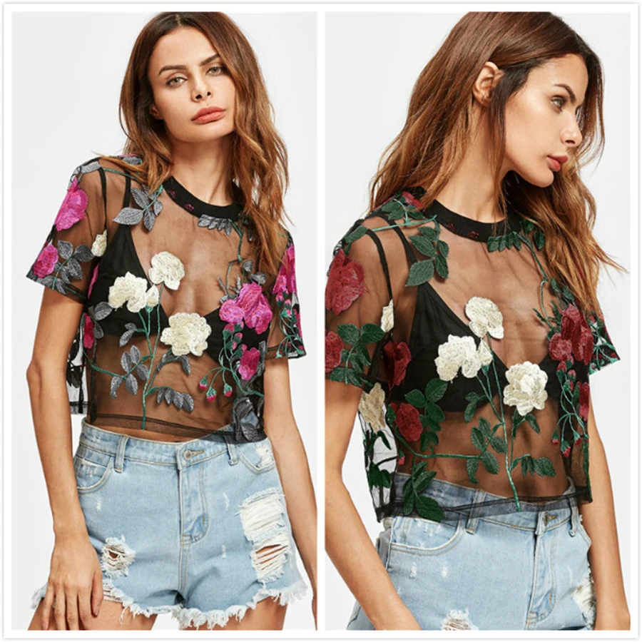 Summer Sexy Club Women T Shirt Transparent Mesh Tops Flower Embroidery Short Sleeve Sheer Slim Lady O-Neck T-Shirt (No bra)
Summer Sexy Club Women T Shirt Transparent Mesh Tops Flower Embroidery Short Sleeve Sheer Slim Lady O-Neck T-Shirt (No bra)