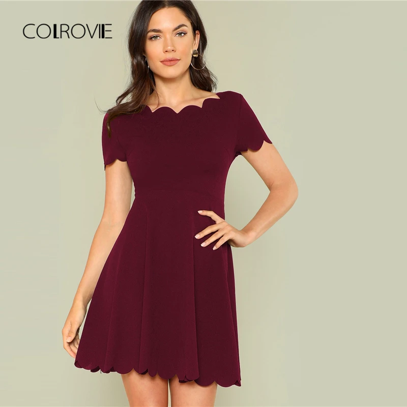 COLROVIE Maroon Solid Scallop Trim Sweet Dating A Line Summer Dress 2018 Autumn High Waist Mini Party Dress OL Women Dresses 
COLROVIE Maroon Solid Scallop Trim Sweet Dating A Line Summer Dress 2018 Autumn High Waist Mini Party Dress OL Women Dresses