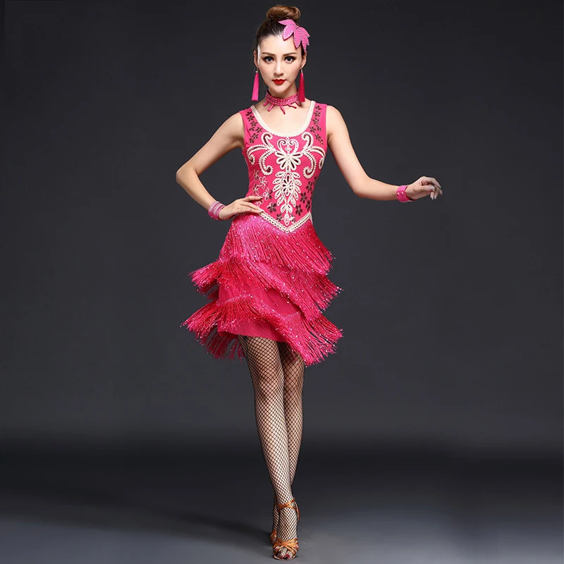 Фото 2018 Новое Сексуальное Женское Платье для латинских танцев красное/розовое/синее