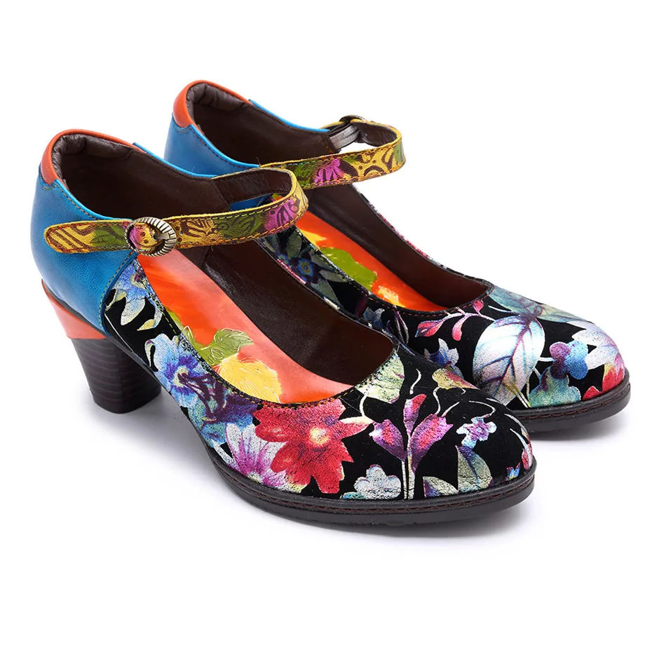 Bohemian Women Pumps Vintage Dress Shoes Woman Spring Summer Genuine Leather Mary Janes Ladies Wedding Shoes Block High Heels (6)