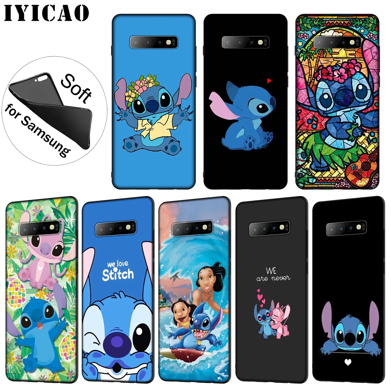 

IYICAO Cute Lilo Stitch Cartoon Soft Silicone Phone Case for Samsung Galaxy S10 S9 S8 Plus S6 S7 Edge S10e E TPU Black Cover