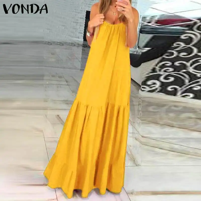 

VONDA Women Bohemian Long Maxi Dress 2019 Summer Sexy Sleeveless Spaghetti Strap Ruffle Swings Dresses Holiday Vestido Plus Size
