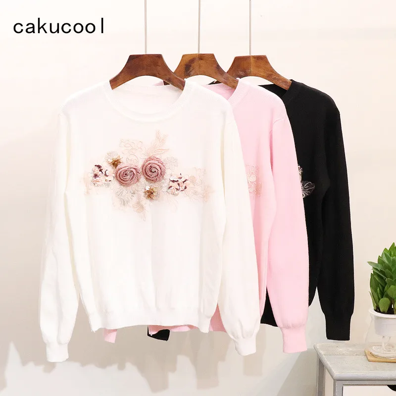 Cakucool Новый 2019 Embroid вязаная футболка для женщин круглый средства ухода за кожей