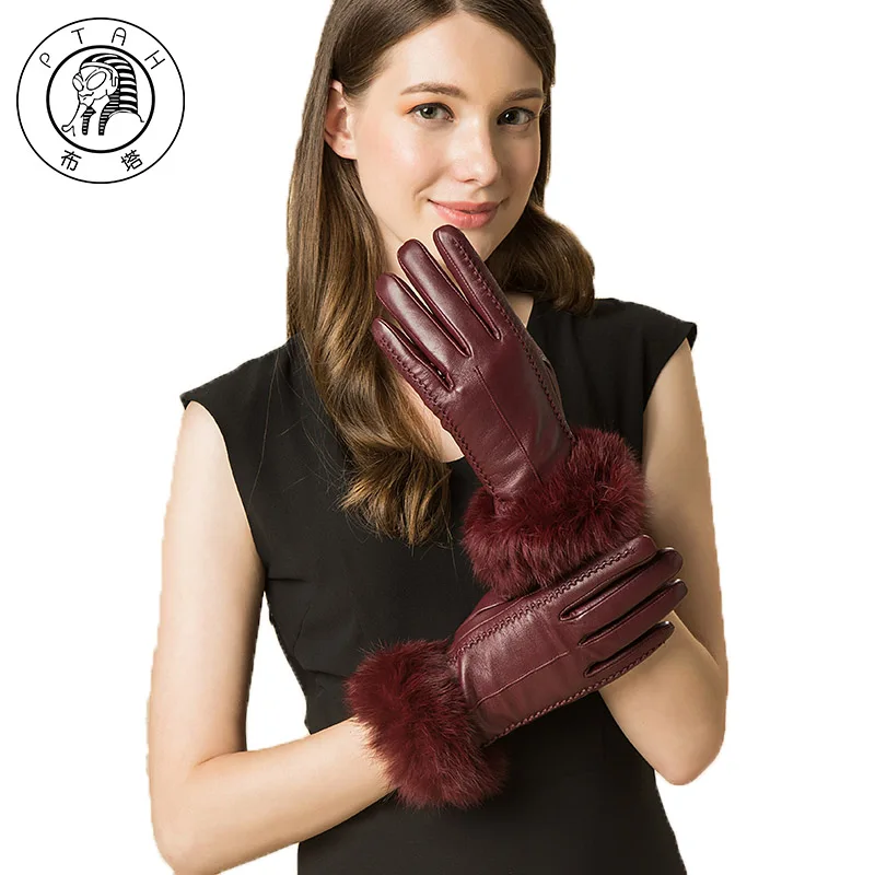 Image PTAH Sheepskin Genuine Leather Gloves Winter Women Wrist Rabbit Fur Luvas Thickened Warmth Solid Thin Iglove Soft Guantes PT9904