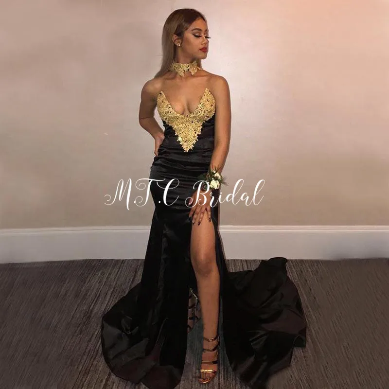 Gorgeous Black Mermaid Dresses Prom Gold Beaded Lace V Neck High Slit Elastic Satin Long Formal Evening Gowns Custom Made 2019
Gorgeous Black Mermaid Dresses Prom Gold Beaded Lace V Neck High Slit Elastic Satin Long Formal Evening Gowns Custom Made 2019