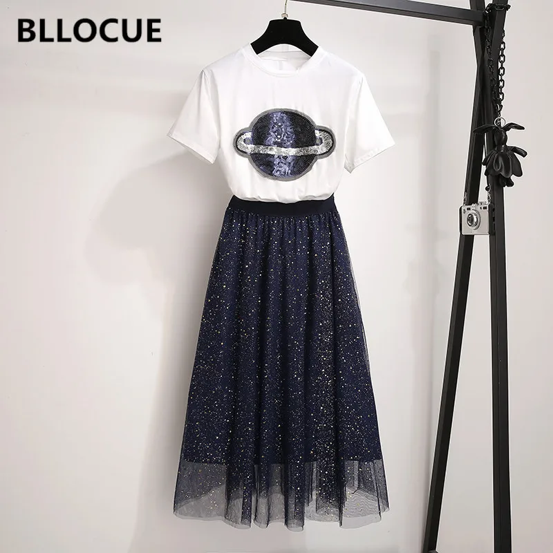 BLLOCUE High Quality 2019 Women Summer Short Sleeve O-Neck Sequins T-Shirts+High Waist Mesh Skirt Elegant Casual 2 Piece Sets Su
BLLOCUE High Quality 2019 Women Summer Short Sleeve O-Neck Sequins T-Shirts+High Waist Mesh Skirt Elegant Casual 2 Piece Sets Su