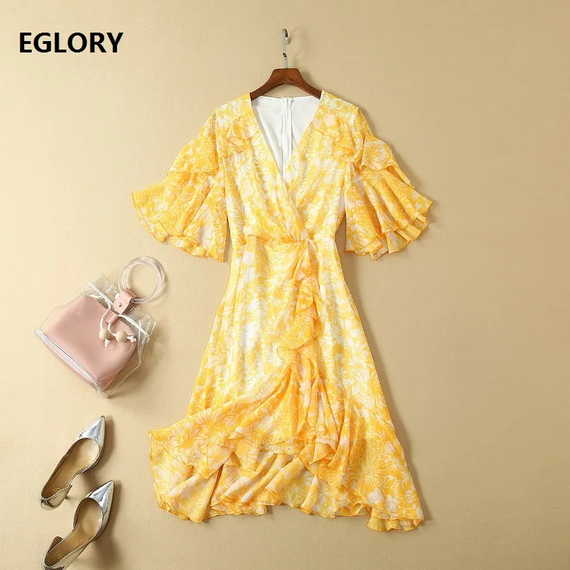 High Quality New Runway Dress 2019 Summer Casual Vestidos Women V-Neck Yellow Floral Print Flare Sleeve Knee Length Ruffle Dress
High Quality New Runway Dress 2019 Summer Casual Vestidos Women V-Neck Yellow Floral Print Flare Sleeve Knee Length Ruffle Dress