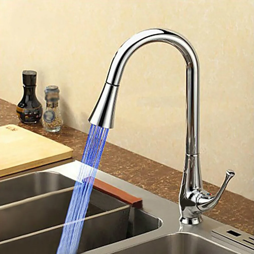 

Sink Home Taps Silver Pull Down Mixer Sprayer Led Rustproof Hot And Cold Water Copper Kitchen Faucet Rotatable Single Handle