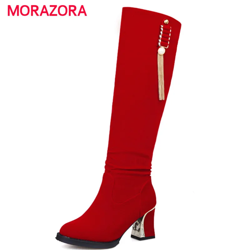 MORAZORA Plus size 34-47 high heels boots flock metal decoration knee high long boots slip-on elegant suede boots MORAZORA Plus size 34-47 high heels boots flock metal decoration knee high long boots slip-on elegant suede boots <br><br>Aliexpress