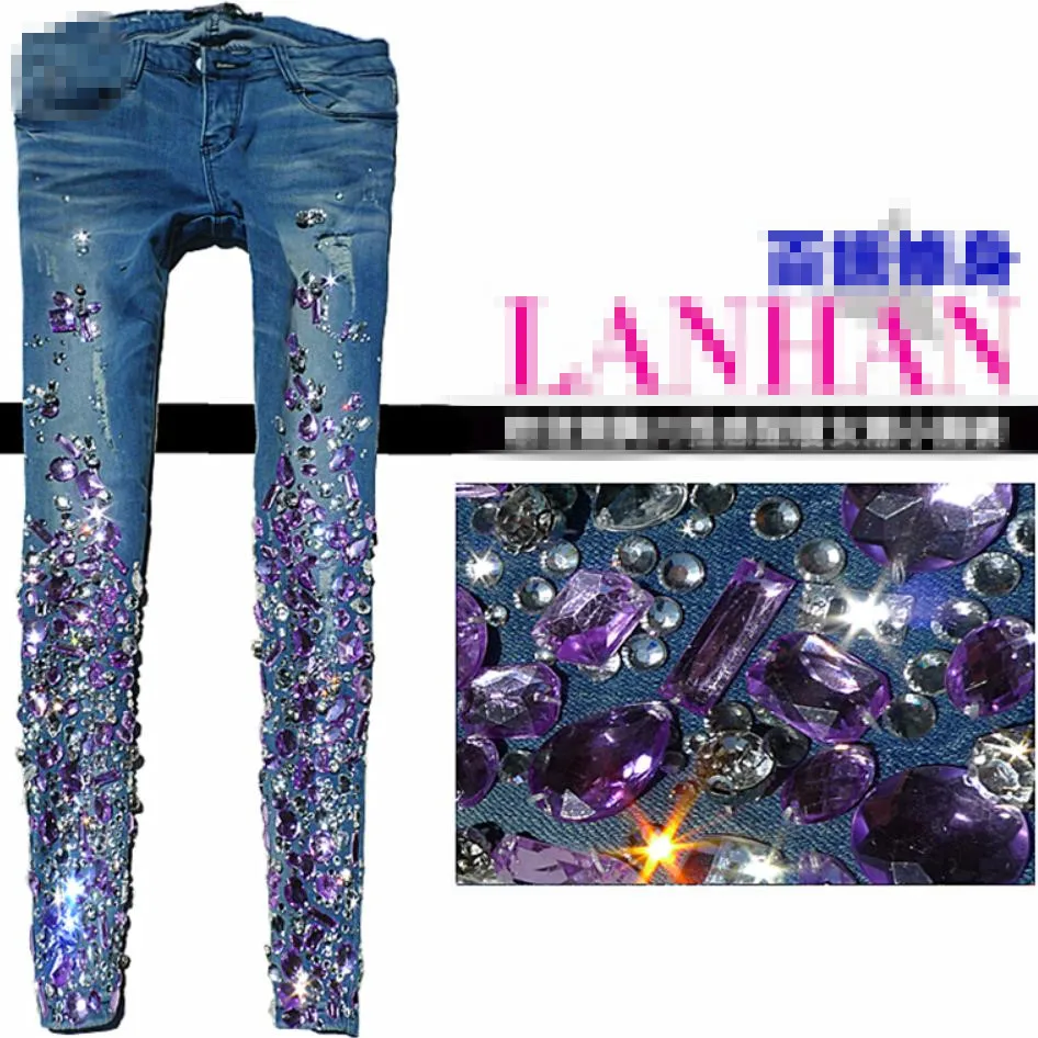 Women purple Rhinestones Sequins Jeans with Crystal Diamond Skinny Pencil jeans plus size 25-30
Women purple Rhinestones Sequins Jeans with Crystal Diamond Skinny Pencil jeans plus size 25-30