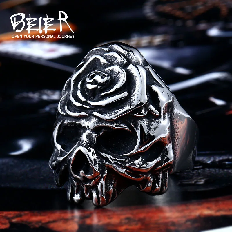 

BEIER New Store 316L Hot Sell 316LStainless Steel Winged Flower On Skull Cool Punk Ring Biker Jewelry for man BR8-411