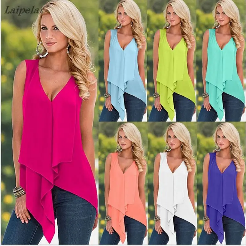 White Yellow Orange Red Purple Green Blue Irregular Women Top Summer Sleeveless Ruffles Blusas Sexy Low Cut V Neck Blouse Shirt
White Yellow Orange Red Purple Green Blue Irregular Women Top Summer Sleeveless Ruffles Blusas Sexy Low Cut V Neck Blouse Shirt