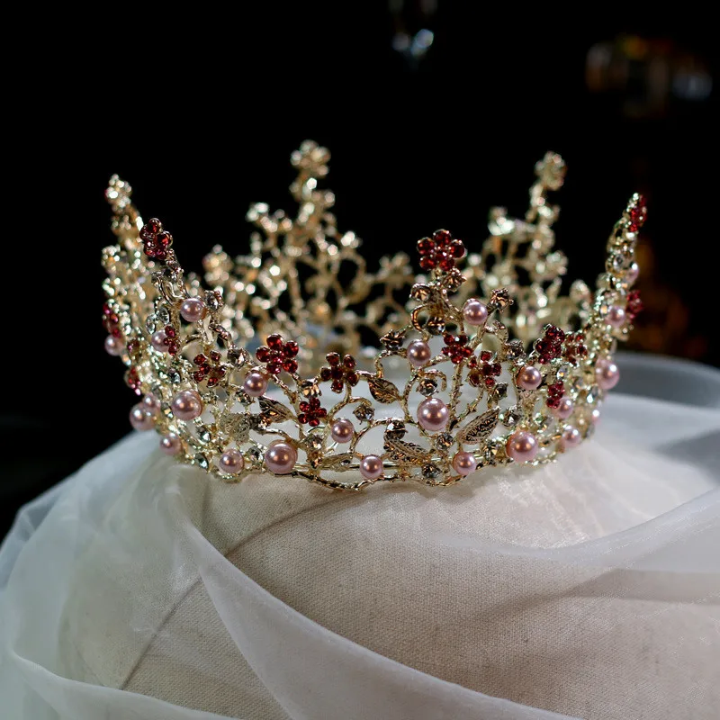 

JaneVini Роскошная золотая корона принцессы розовый жемчуг Красные кристаллы свадебные аксессуары для волос Детские короны Свадьба День рождения головные уборы