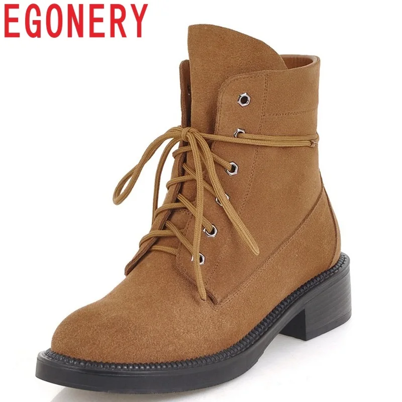 

EGONERY shoes women 2018 new concise casual cow suede med hoof heels platform zip cross-tied round toe winter warm ankle boots