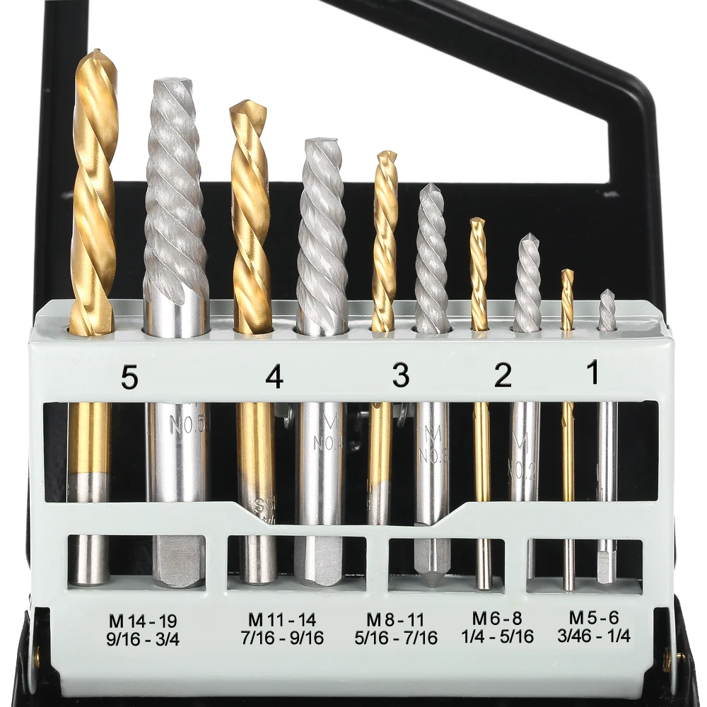 10pcs Cobalt Left Hand Drill Bit Broken Bolt Damaged Screw Extractor Set with Metal Case
10pcs Cobalt Left Hand Drill Bit Broken Bolt Damaged Screw Extractor Set with Metal Case