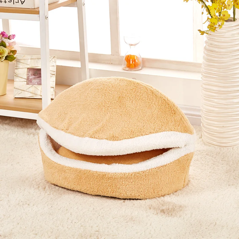 Image 2016 new Hot Warm Cat dog Bed House Hamburger bed Disassemblability Windproof Pet Puppy Nest Shell Hiding Burger Bun for winter