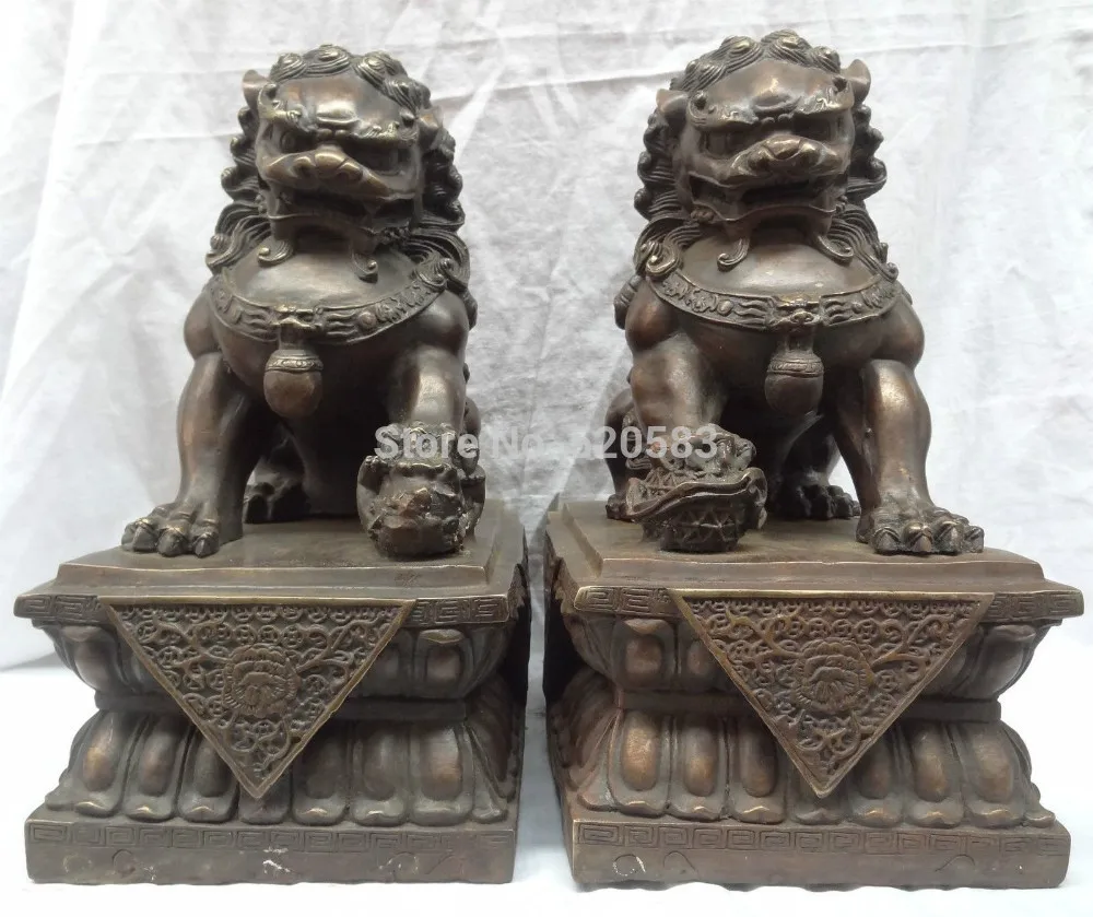 14" China Bronze Foo Fu Dog Door Lion Statue Animals Pair