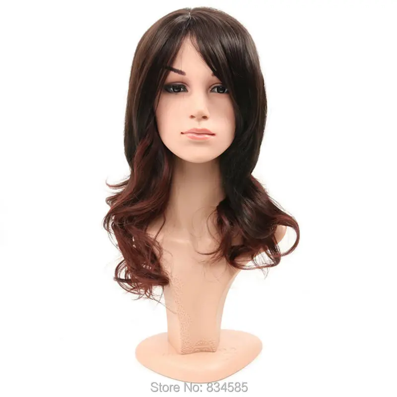 

Girls Fashion Loose Wave Curly Long Hair Women Cosplay Wig With Tilted Frisette Dark Brown+Wine Red
