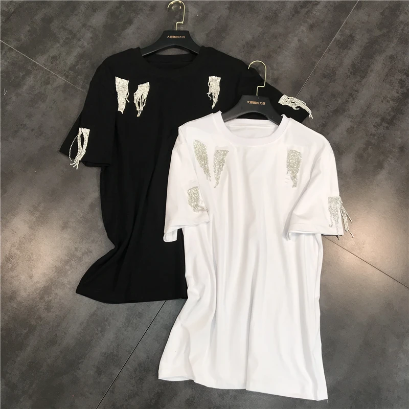 2019 summer new fashion rhinestone tassel diamond chain shiny round neck small shirt short-sleeved T-shirt women
2019 summer new fashion rhinestone tassel diamond chain shiny round neck small shirt short-sleeved T-shirt women