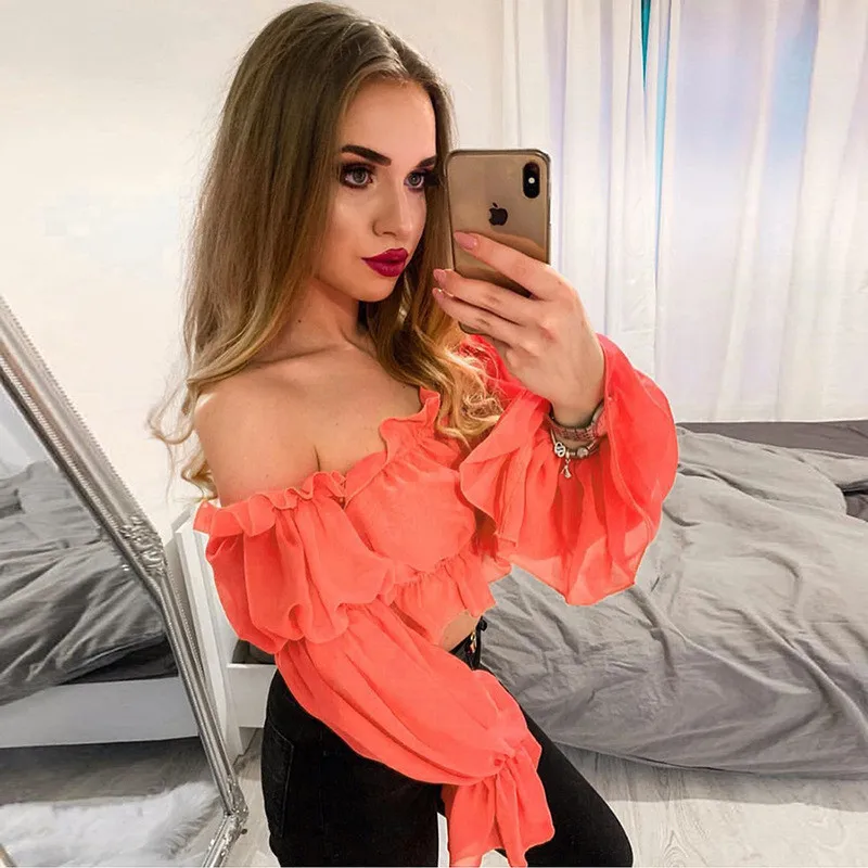 2019 Summer Sexy Tops T shirt Women Solid Slash Neck Long Sleeve Tees Short Ruffles Chiffon Crop Top Women T-shirt Blesas Female
2019 Summer Sexy Tops T shirt Women Solid Slash Neck Long Sleeve Tees Short Ruffles Chiffon Crop Top Women T-shirt Blesas Female