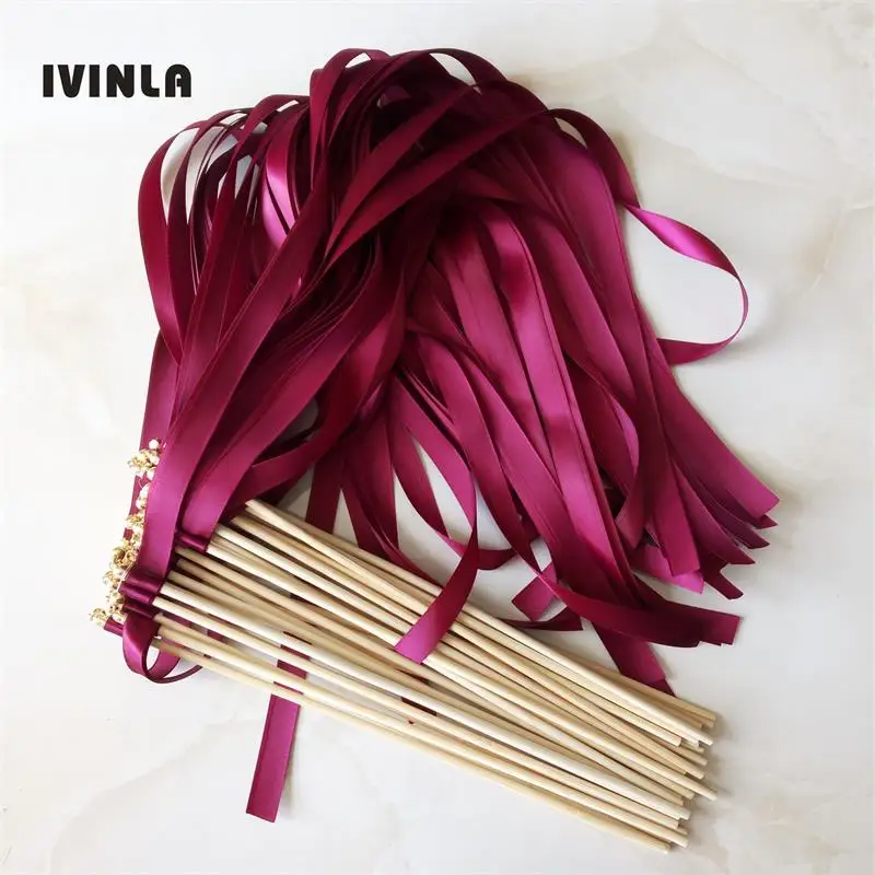 

Hot selling 50pcs/lot Wine wedding ribbon wands with gold bell