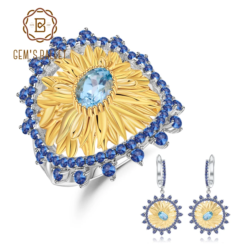 GEM'S BALLET 2.2Ct Natural Swiss Blue Topaz Jewelry 925 Sterling Silver Handmade Sunflower Ring Earrings Jewelry Sets For Women
GEM'S BALLET 2.2Ct Natural Swiss Blue Topaz Jewelry 925 Sterling Silver Handmade Sunflower Ring Earrings Jewelry Sets For Women