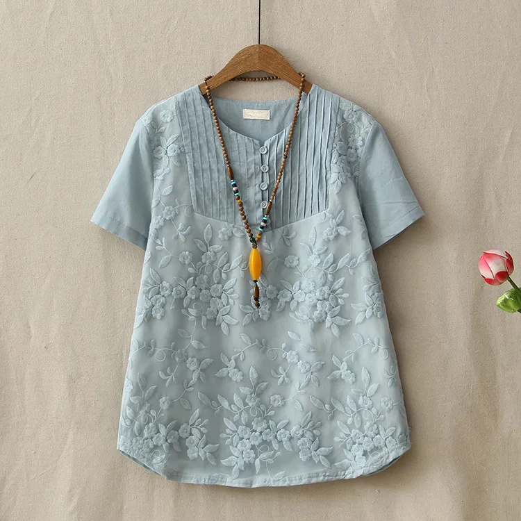 Vintage Beautiful Jacquard Flower Embroidery Tops Women 2018 Loose O-Neck Pleated Button Cotton Linen T-Shirts Ladies Summer Tee
Vintage Beautiful Jacquard Flower Embroidery Tops Women 2018 Loose O-Neck Pleated Button Cotton Linen T-Shirts Ladies Summer Tee