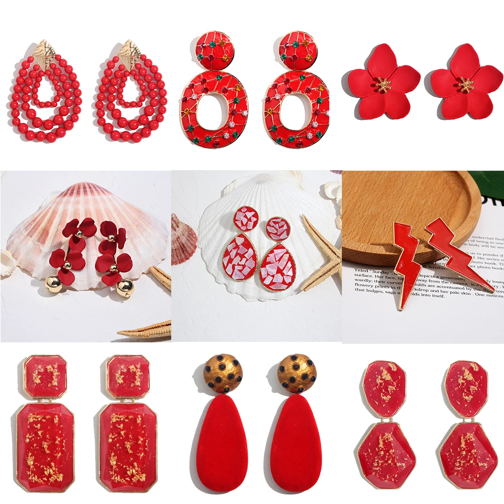 

Flatfoosie Fashion Red Resin Beaded Drop Earrings For Women Girls ZA Wedding Jewelry 26 Designs Dangle Statement Earrings Boho