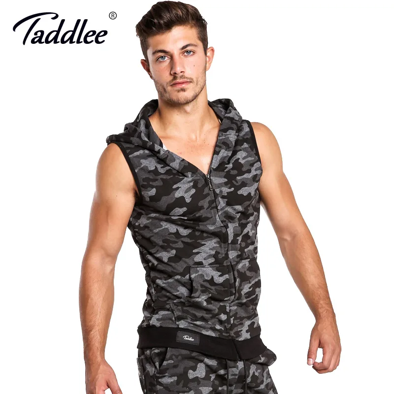 

Taddlee Brand Men's Hoodies Tank Top Sleeveless Cotton Zip-up Vest Active Camo Hooded Men Plus Size Gym Tees