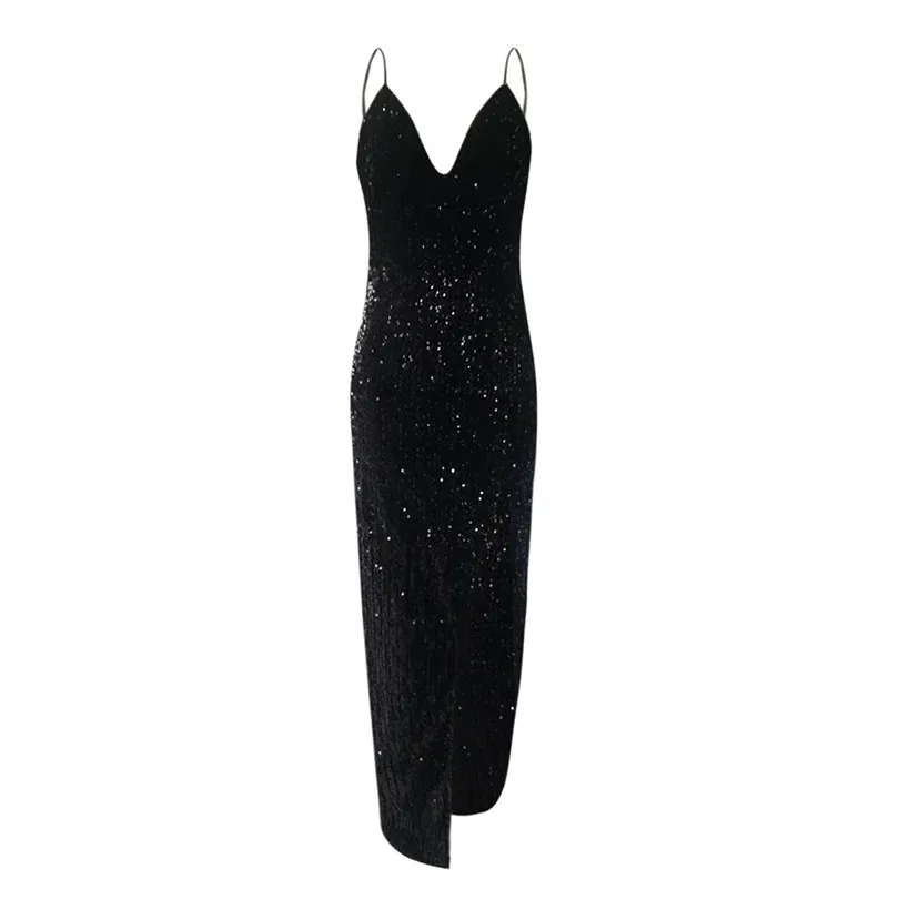 V Neck Party Dress Women Sleeveless Sexy Dress Sequin Maxi Dress Bondage Nightclub Solid Black Vestido De Festa Longo 40MR0601