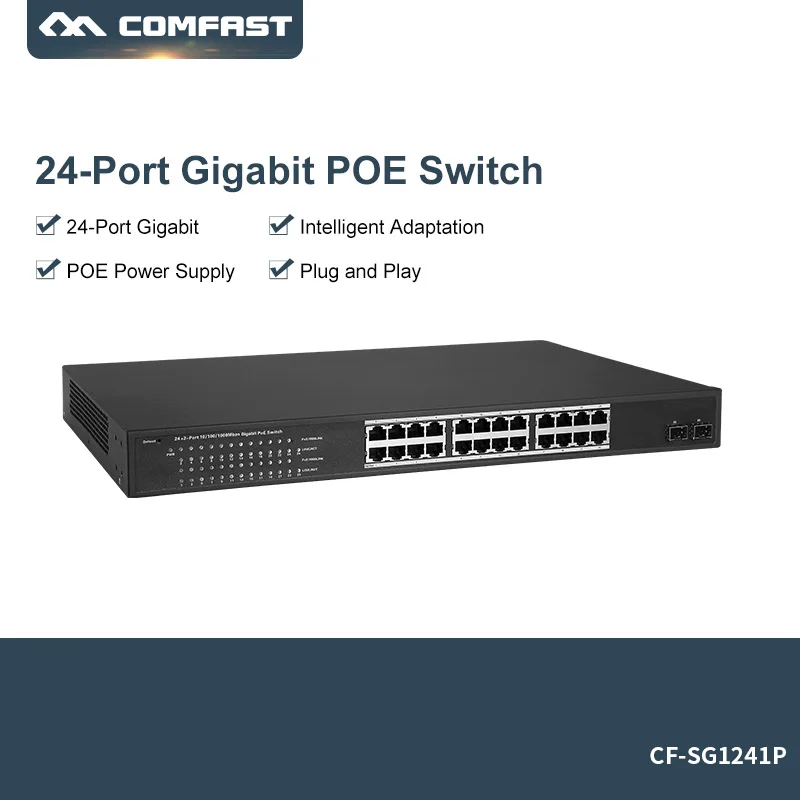 Comfast 24 port Gigabit PoE Switch With Standard POE Power supply 10/100/1000M Ethernet poe switch with 2 SFP Port Plug and play 
Comfast 24 port Gigabit PoE Switch With Standard POE Power supply 10/100/1000M Ethernet poe switch with 2 SFP Port Plug and play