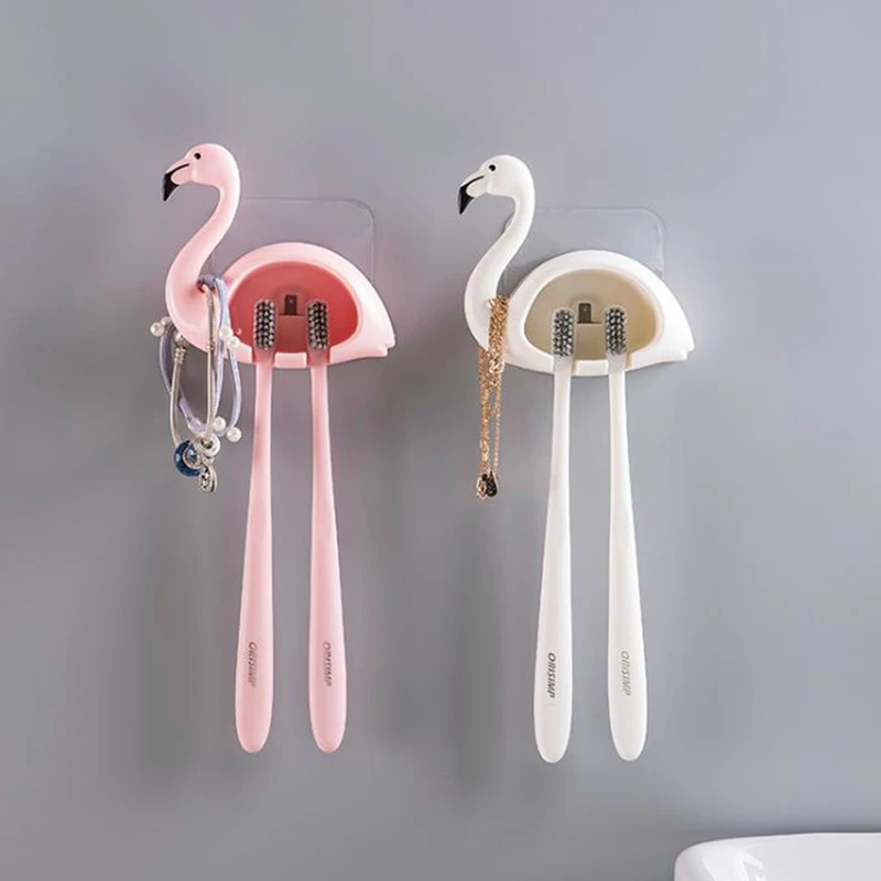 

1PC Toothbrush Holder Storage Rack 2 Position Suction Hooks Wall Mounted Flamingo Shaped Stand Sucker Bathroom Accessories