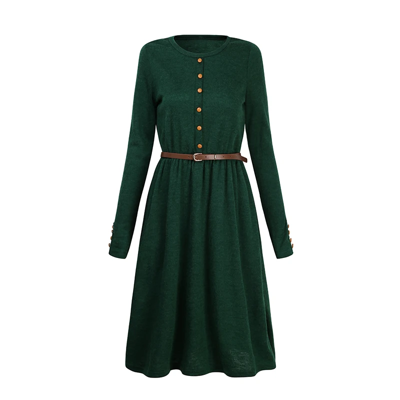 Black/Green 2017 Hot Sale Autumn Winter Dress Women\'s Long Sleeve Knitted Button Dress Ladies Casual Party Dress With Belt