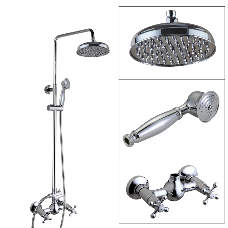Bathroom Dual Cross Handles Polished Chrome Wall Mount 8" Rain Shower Faucet Set with Hand Spray Mixer Tap acy305
Bathroom Dual Cross Handles Polished Chrome Wall Mount 8" Rain Shower Faucet Set with Hand Spray Mixer Tap acy305