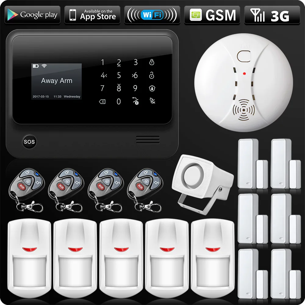 G90B 2.4G WiFi 3G SIM Card GSM GPRS SMS Wireless Home House Security Intruder Alarm System Motion Sensor Wireless Smoke Detector
G90B 2.4G WiFi 3G SIM Card GSM GPRS SMS Wireless Home House Security Intruder Alarm System Motion Sensor Wireless Smoke Detector