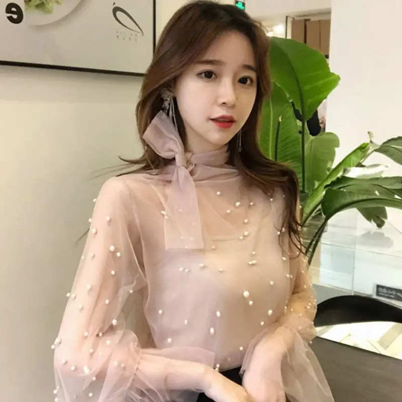 Fancy beading Chiffon Shirt Net yarn Bow ties Pearls Blouses lotus Flare sleeves Mesh gauze Tops Perspective + Camis 2018 Spring
Fancy beading Chiffon Shirt Net yarn Bow ties Pearls Blouses lotus Flare sleeves Mesh gauze Tops Perspective + Camis 2018 Spring