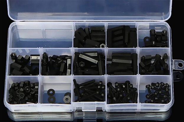260pcs/set M3 plastic nylon black hex spacer male to female stand off hex nylon column screws nut washer assortment kit box 149
260pcs/set M3 plastic nylon black hex spacer male to female stand off hex nylon column screws nut washer assortment kit box 149