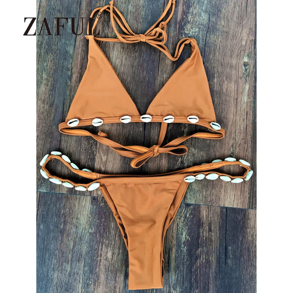 

ZAFUL Shell Bikini Stylish Halter Solid Color With Shell Women Swimsuit Swimwear Sexy Bralette Thong Bikini String Swimming Suit