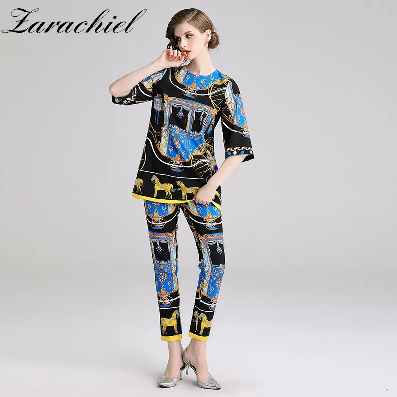 Runway Designer 2 Pieces Set Suit 2019 Summer Women Vintage Horse Print Pullover Shirts Top + Ankle-Length Pencil Pants Sets 
Runway Designer 2 Pieces Set Suit 2019 Summer Women Vintage Horse Print Pullover Shirts Top + Ankle-Length Pencil Pants Sets