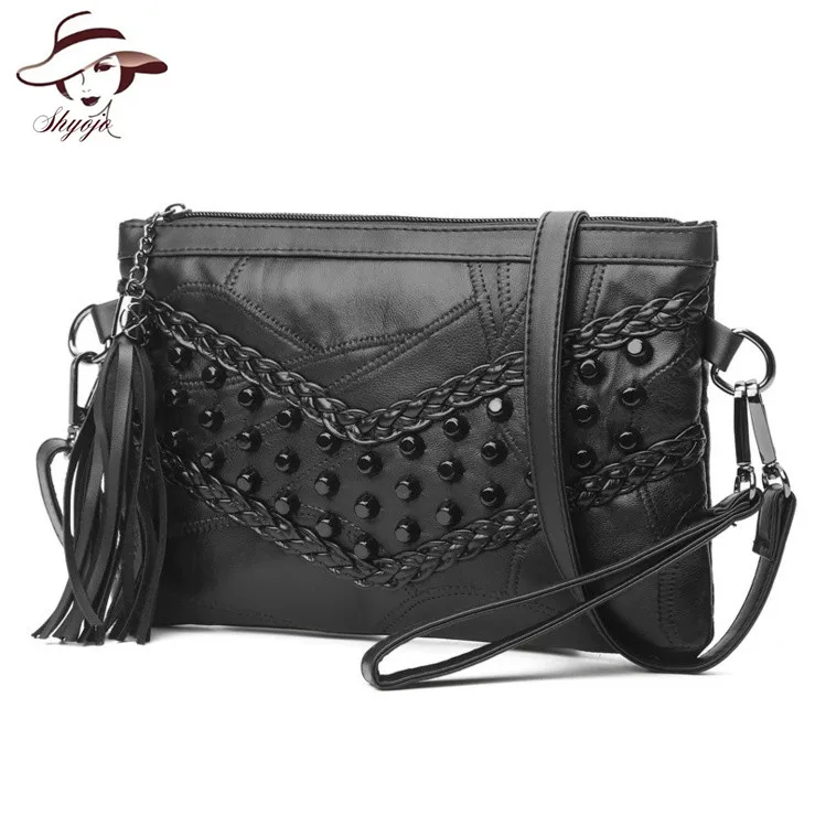 

New Black Genuine Leather Women Clutch Patchwork Bag Rivet Sheepskin Messenger Bag Tassel Crossbody Female Purse Bolsas Feminina