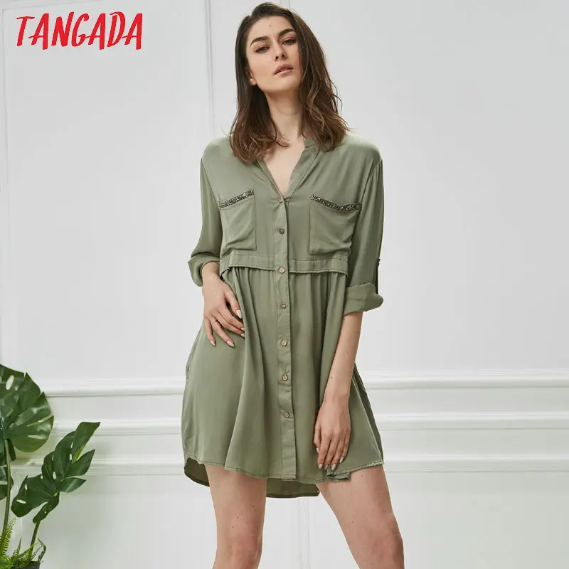 Tangada women shirt dress diamonds beading v neck long sleeve ladies green dress elegant pleated casual oversize vestidos XN15
Tangada women shirt dress diamonds beading v neck long sleeve ladies green dress elegant pleated casual oversize vestidos XN15