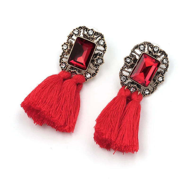 16 Colors, Crystal Square Tassel Stud Fringe Earrings